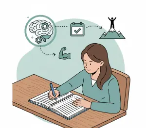 женщина делает записи в ежедневнике