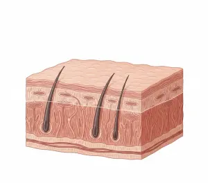 Срез кожи под микроскопом с обозначением слоев