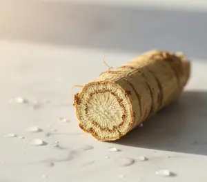 Минималистичное изображение корня ашваганды в окружении капель чистой воды и мягких теней