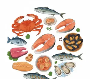 Корзина со здоровыми продуктами, богатыми йодом