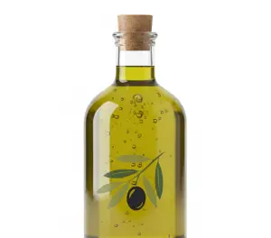 Бутылка оливкового масла и оливки на столе