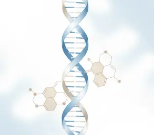 Абстрактная визуализация молекул кофеина и ДНК