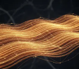 Макросъемка структуры мышечных волокон в спокойном состоянии, мягкое золотистое освещение, высокая детализация клеток