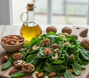 Натюрморт из продуктов богатых магнием: грецкие орехи, шпинат, кусок темного шоколада и горсть тыквенных семечек на деревянном фоне